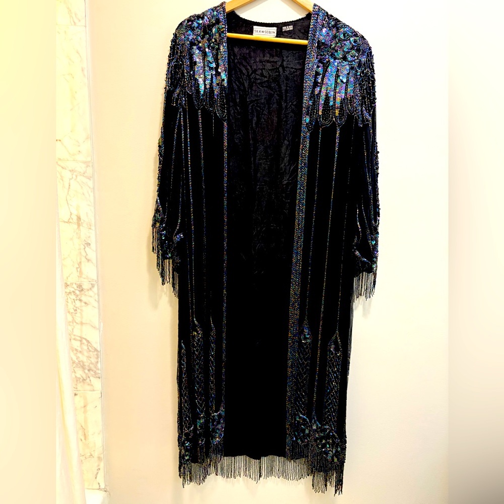 Vintage Silk-n-Sequin Black Silk and Beaded Duster Opera Robe, one Size Fits All